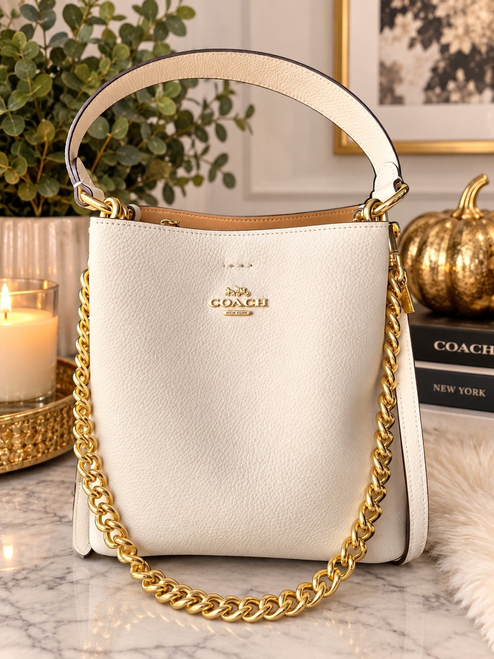 COACH White Pebbled Leather Shoulder Mini Bucket Bag with Gold Chain